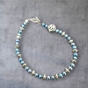 Blue faux pearls & silver beads bracelet silver plated toggle
